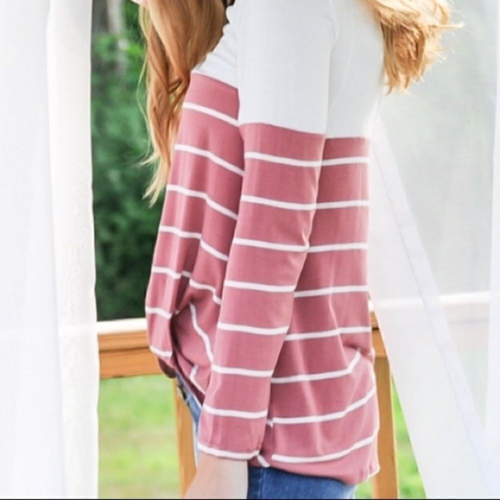 Pink & White Striped Color Block Twist Front Top - Picture 12 of 16